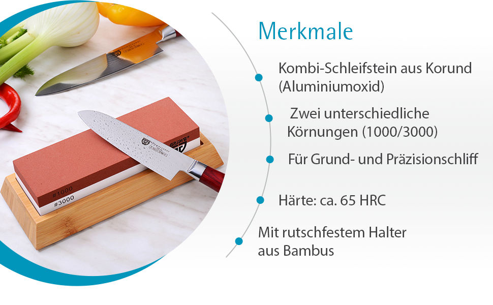 Шліфувальний камінь для кухонних ножів Gräwe Sharphome, кордіт, 1000/3000, з бамбуковою підставкою