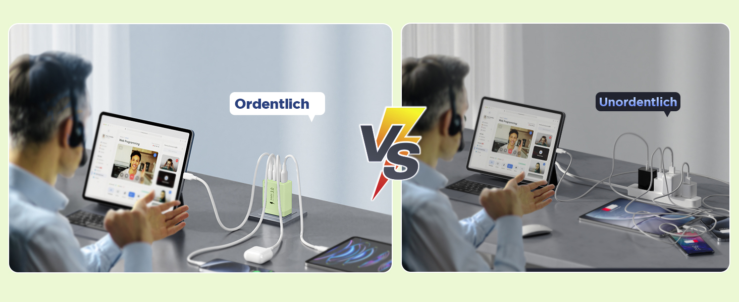 Мережевий адаптер Aioneus USB-C з 4 портами, 40W, PD 3.0, білий (1 шт., світло-зелений)