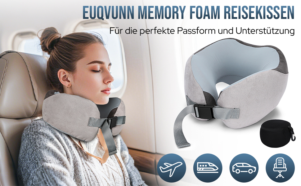 Подушка для шиї в літак, Memory Foam, м'яка, регульована та компактна, Ice Silk, для дорослих, ергономічна, з чохлом для зберігання (сіра)