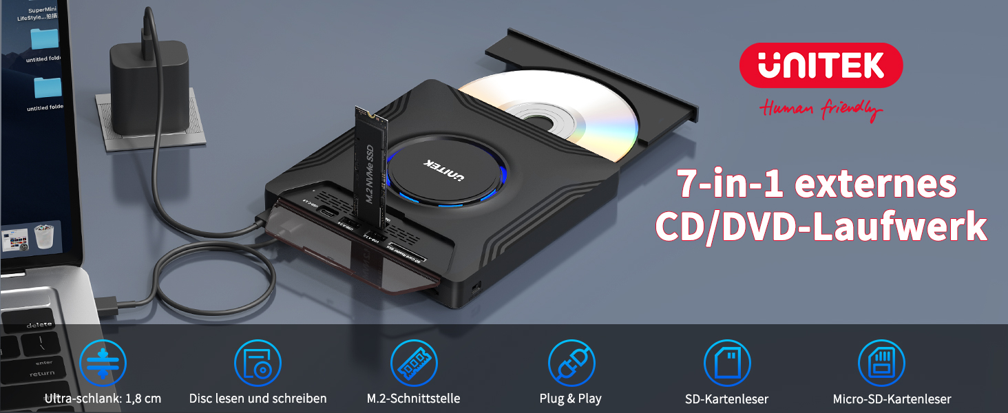 Зовнішній CD/DVD привід UNITEK USB-C, портативний DVD-плеєр з картридером SD, USB 3.0 Hub та CD-ROM записником для ноутбуків, ПК, Windows, Linux, macOS (чорний)