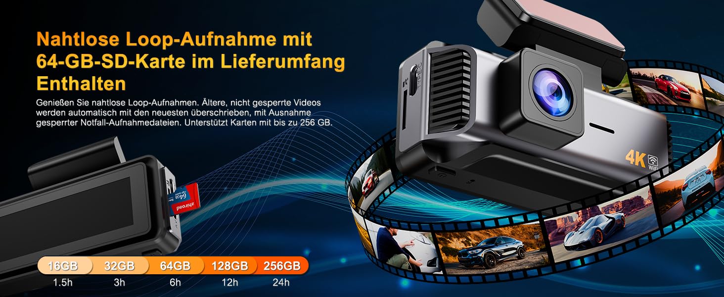 Автомобільний відеореєстратор 4K з 2.99'' екраном, 5G WiFi, SD-картою 64ГБ, нічною зйомкою WDR, кутом 170°, G-сенсором та режимом паркування