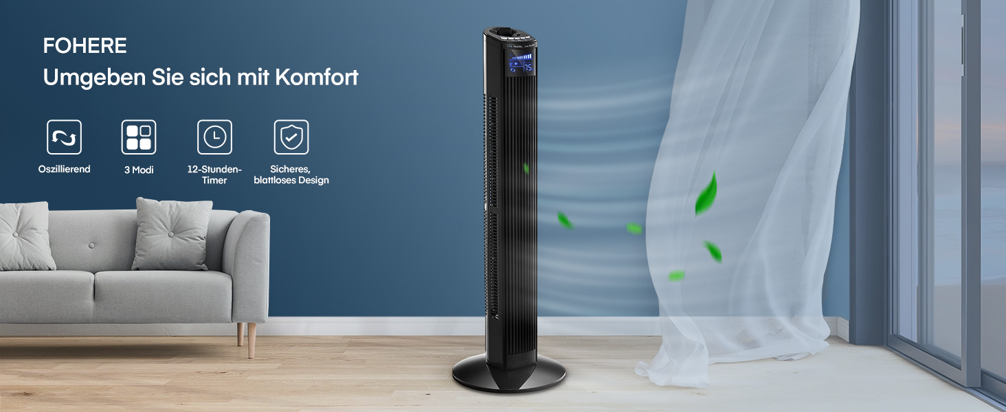 Безлопатевий вентилятор FOHERE, 91 см, з пультом керування, таймером та режимом сну, чорний