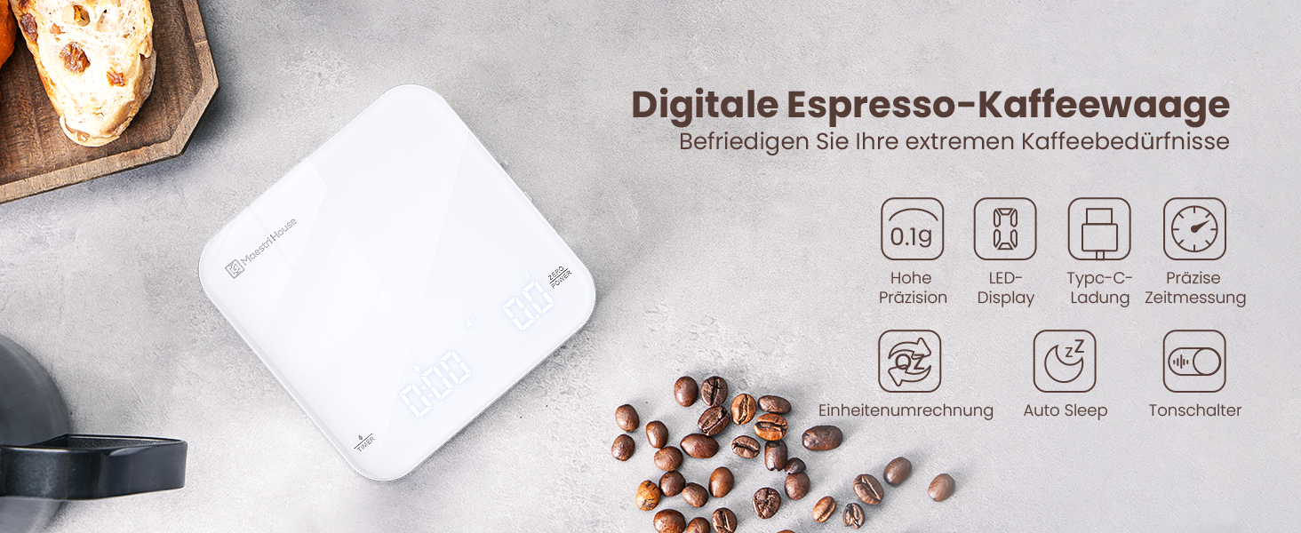 Maestri House Mini Espresso Scale with Timer - Rechargeable 2kg/0.1g Digital Kitchen Scale for Espresso & Pour Over Coffee - Portable & Accurate