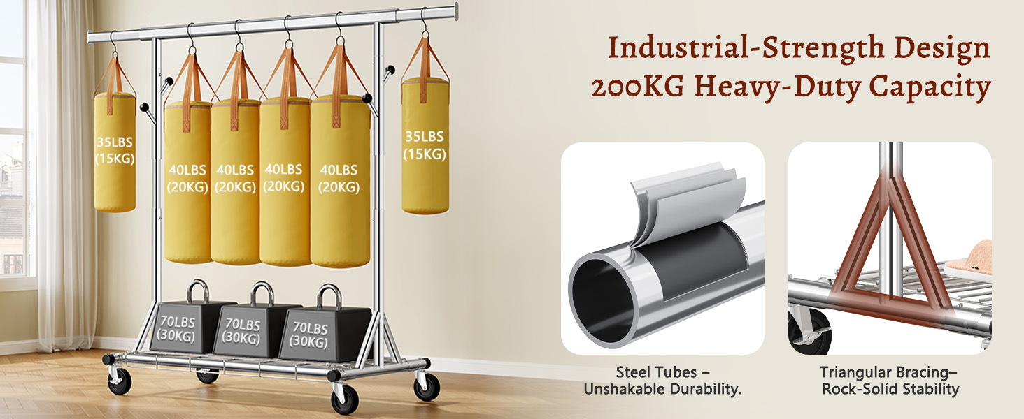 Стійка для одягу на колесах FAVOOOSTY, металева, мобільна, до 200 кг, швидка установка, срібна