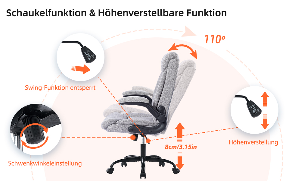 Ергономічне крісло для офісу та дому: обертове крісло з підйомними підлокітниками, регульоване по висоті, сіре, тканина