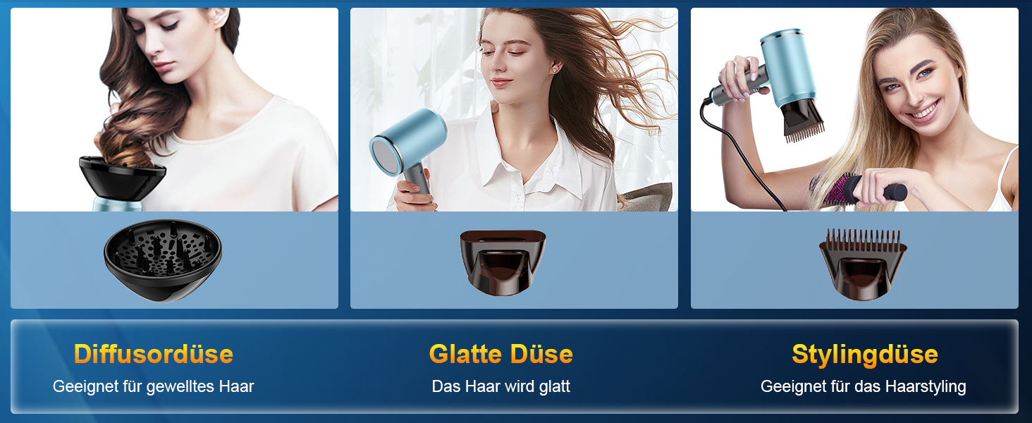 Фен 2400W складний іонний, професійний туристичний, з гарячою/холодною кнопкою, 3 режими нагріву, AC мотор, з насадкою-дифузором та сумкою для зберігання (сіро-блакитний)