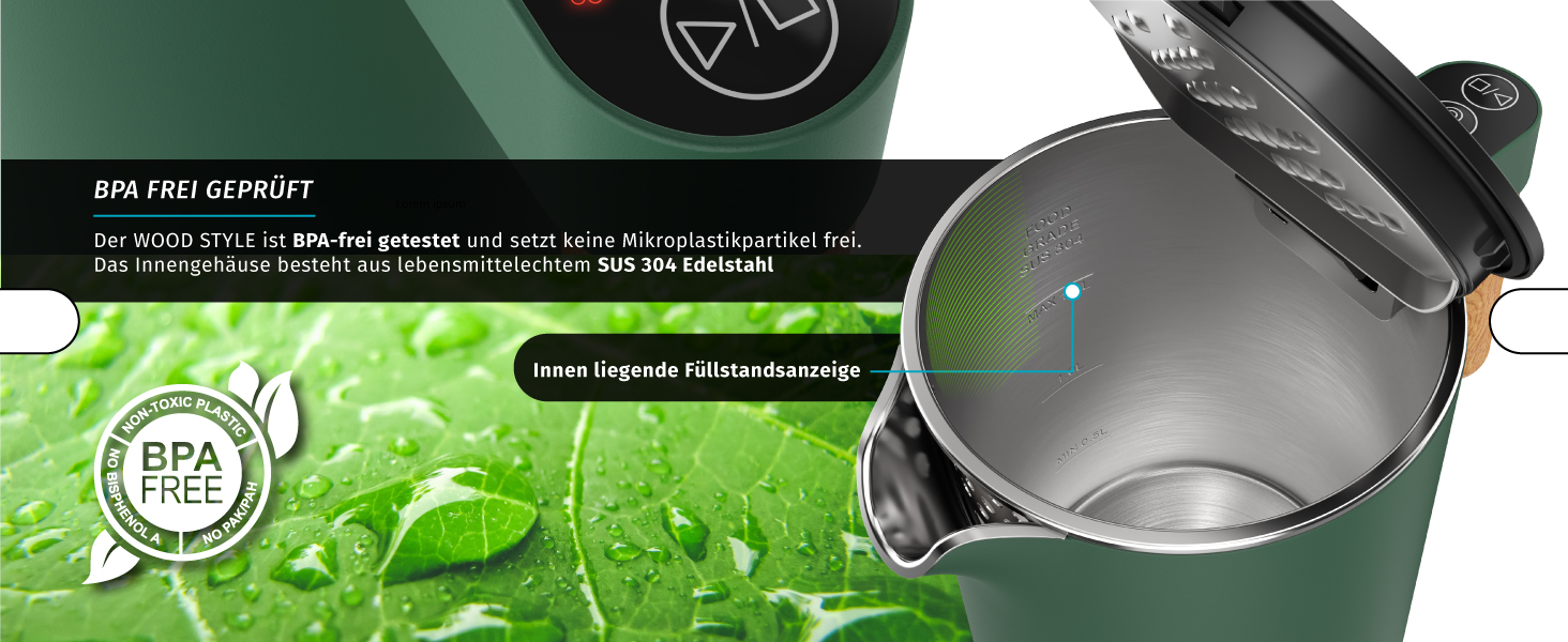 Електричний чайник Arendo з регулюванням температури (45°C-100°C), 1.5 л, з подвійними стінками, без BPA, з функцією підтримання тепла, зелений