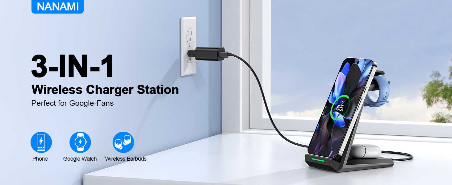 Бездротова зарядка NANAMI 3-в-1 для Google Pixel Watch 3/2, Fitbit Versa 4/3, Pixel 10 Pro/10/9/9a/8/7, Pixel Buds Pro 2 (Чорний)