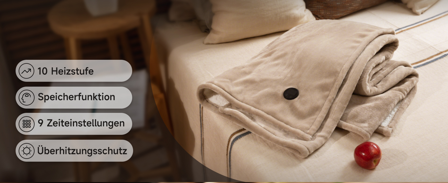 Електрична ковдра GOTCOZY 130x180 см з 10 режимами нагріву та таймером, що вимикається, пральна, бежева