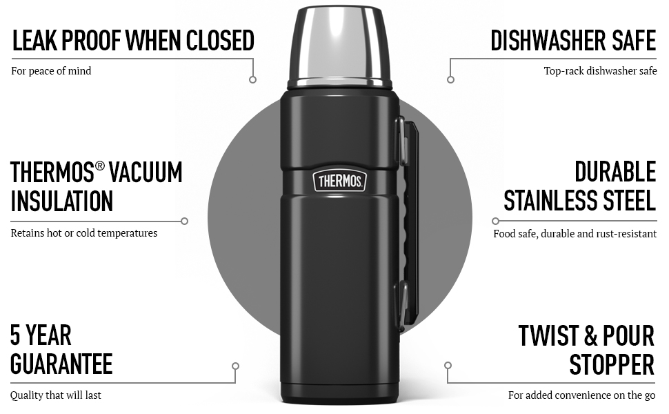 Термос King Thermos з нержавіючої сталі, сірий, з ручкою та стаканом, 1.2 л