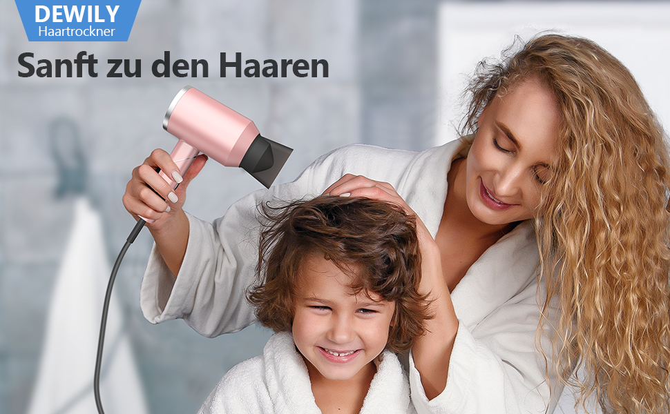 Фен іонний складний DEWILY Profi для подорожей, компактний, тихий, 3 режими нагріву, для сім'ї, сірий/рожевий (з насадкою)