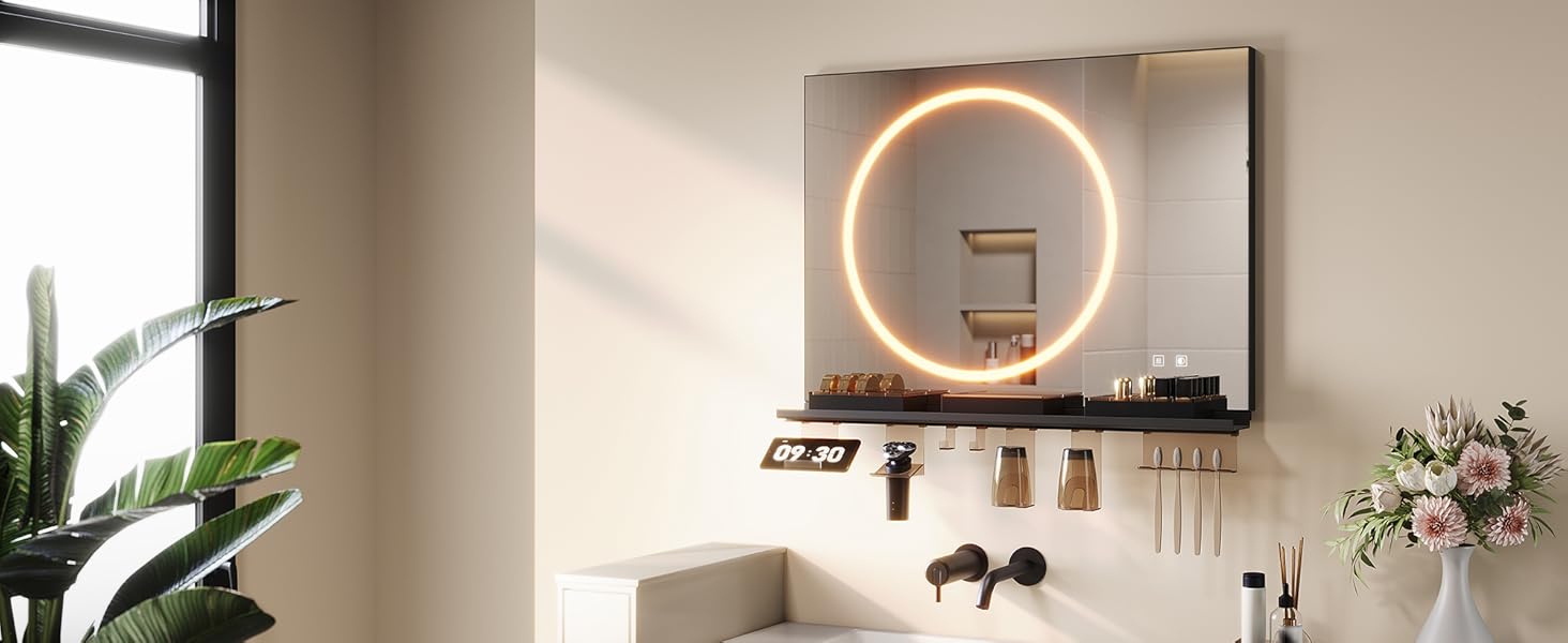 Дзеркало для ванної кімнати SONNI з підсвічуванням 120x60 см, 3 кольори світла, антизапар, годинник, температура, LED, сенсорне управління, білий