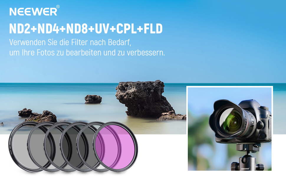 Набір фільтрів NEEWER 62mm ND/UV/CPL: ND2, ND4, ND8, UV, CPL, FLD, з кришкою об'єктива та блендою