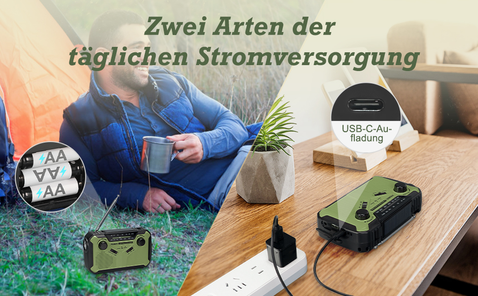 Радіо PRUNUS J-369: FM/AM, з ручним заводом, сонячна панель, Power Bank 3000mAh, SOS-сигнал, ліхтарик для кемпінгу та надзвичайних ситуацій (зелене)
