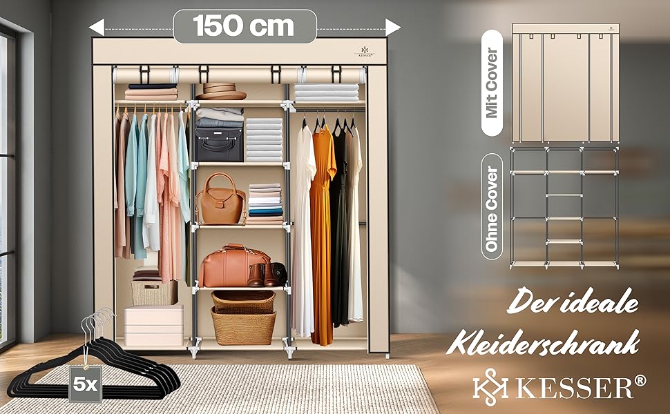 Тканинна шафа для одягу KESSER, з полицями та штангою, 150x45x175 см, бежевий, для спальні та гардеробу, з 5 вішалками