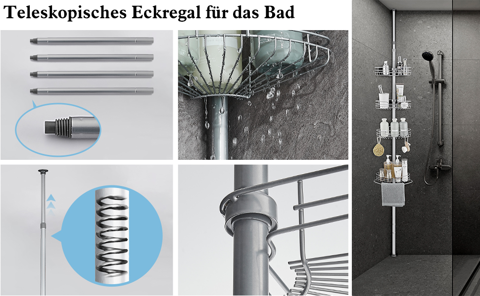 DUFU Кутовий полиця для душу з 4 кошиками, металева, регульована висота 73-265см, без свердління, антиковзаюча, сіра