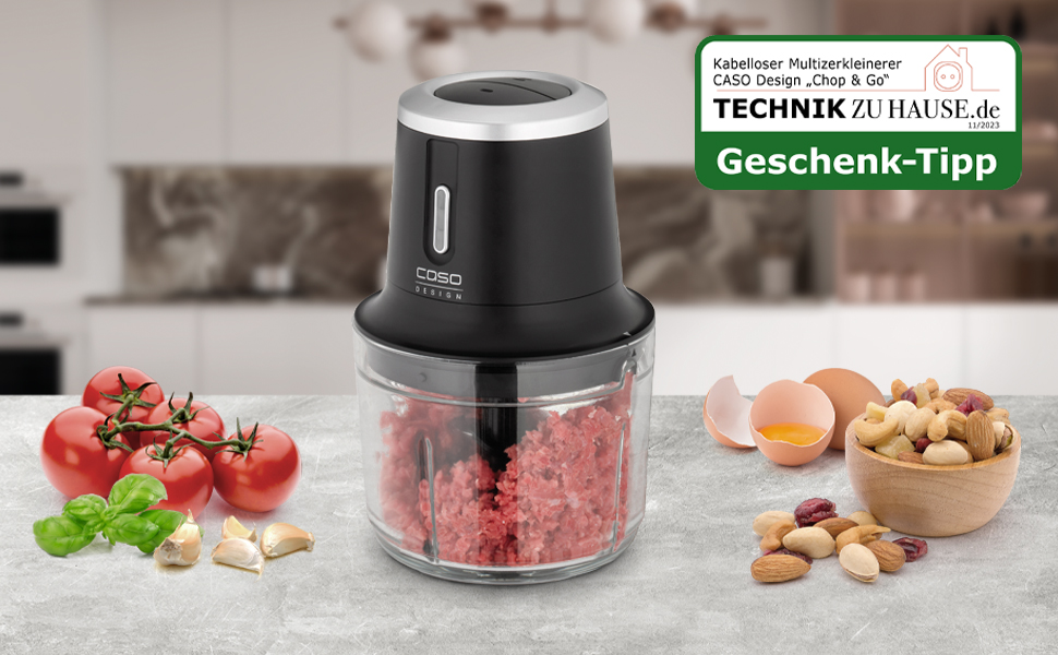 CASO Chop & Go – Електричний подрібнювач для кухні з акумулятором, 1.0 л, 2 швидкості, USB-C, з лопаткою