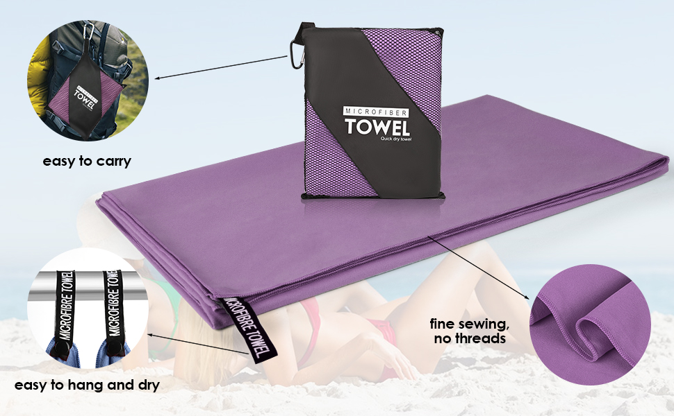 Набір рушників з мікрофібри (3 шт.): 180x80 см + 2 шт. 80x40 см. Ідеально для фітнесу, сауни, пляжу, подорожей. Темно-зелений (фіолетовий)