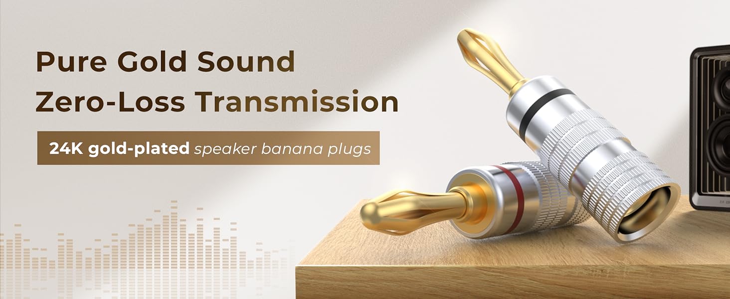 MOSWAG Бананові конектори для акустичних кабелів 4 шт. (2 пари), 24K позолота, для акустичних систем, AV-ресиверів, домашнього кінотеатру (підходить для кабелів діаметром до 4.5 мм)