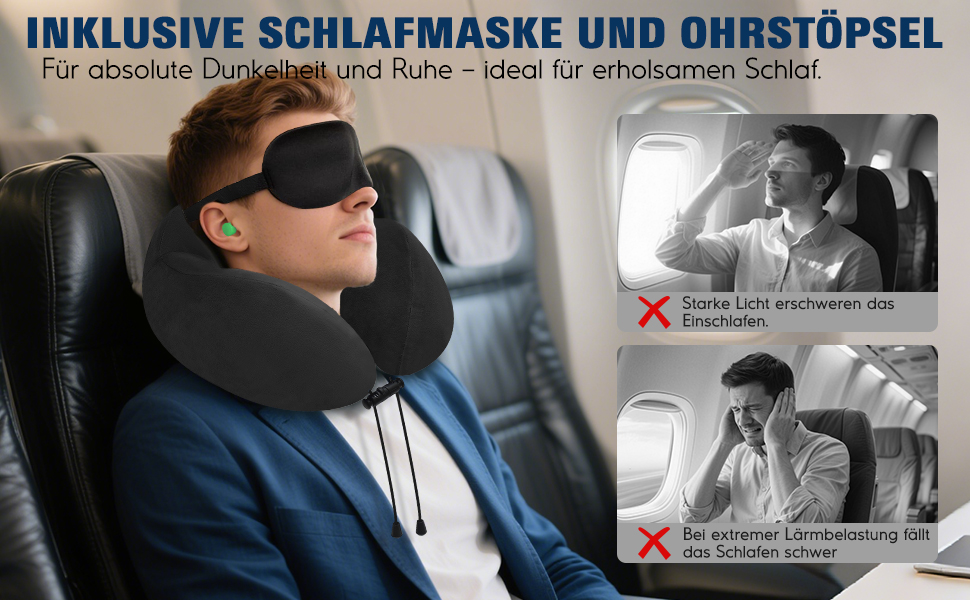 Подушка для шиї у вигляді звірка, Memory Foam, для дорослих, з маскою для сну та берушами, для подорожей, літака, офісу, авто, поїзда (Чорний)