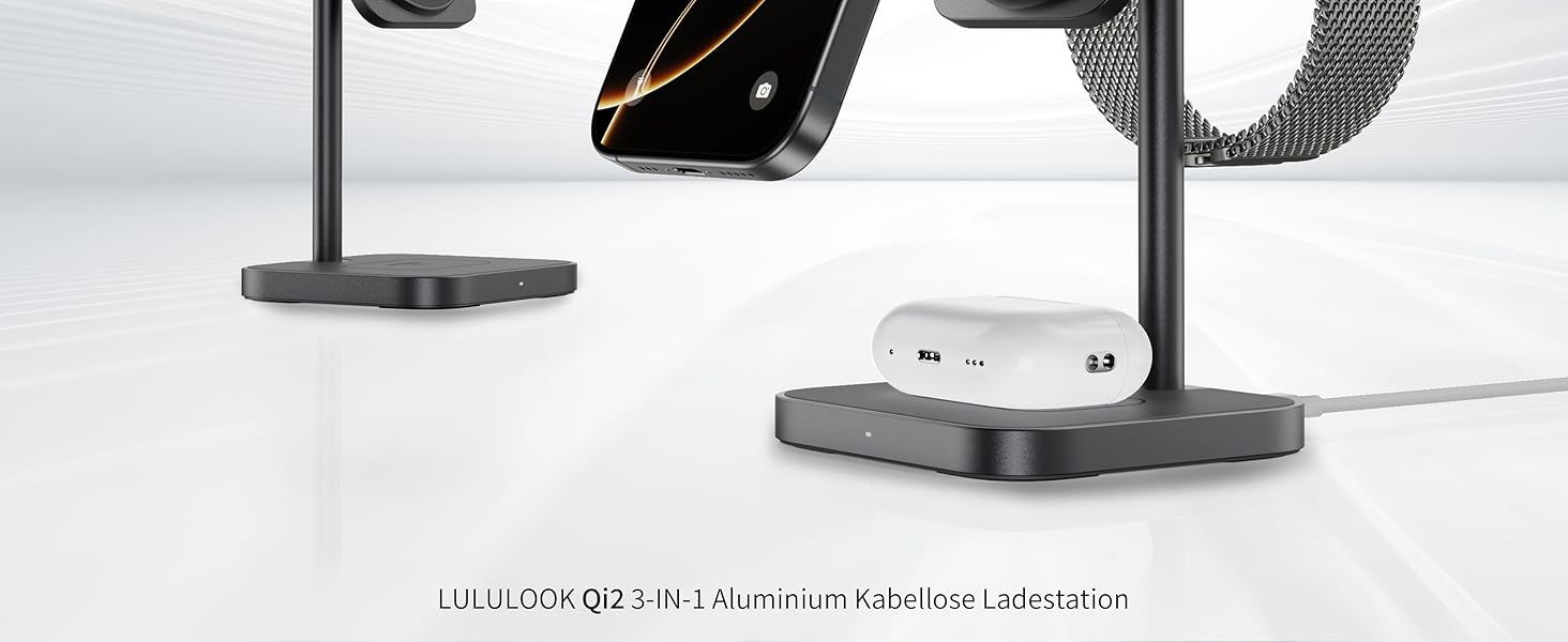 LULULOOK Qi2 Магсейф Зарядна Станція 3 в 1 з Алюмінію для Apple Watch та iPhone, 15W Швидка Зарядка (17 Pro Max/17 Pro/17 Air/17), 5W для Apple Watch Ultra, AirPods, Титан (Сірий)
