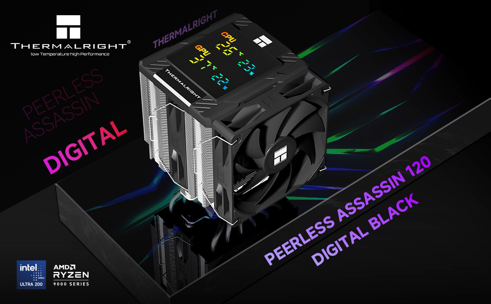 Кулер для процесора Thermalright Peerless Assassin 120 Digital Black з цифровим дисплеєм, 6 теплових трубок, сумісність з AM4/AM5, Intel LGA1700/1851/1200, чорний
