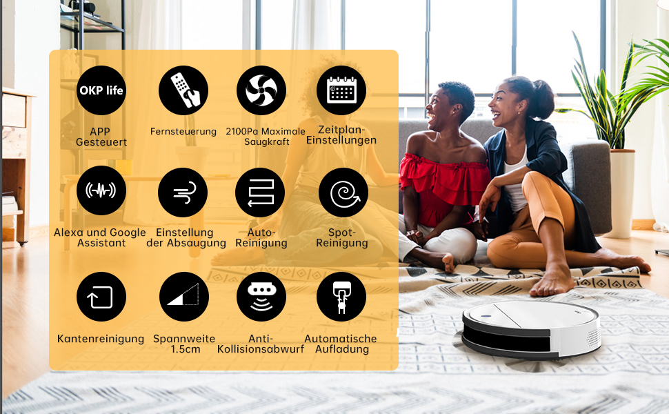 Робот-пилосос OKP K5P: потужність 5000Pa, навігація, HEPA-фільтр, Wi-Fi, для тварин, килимів, твердих підлог