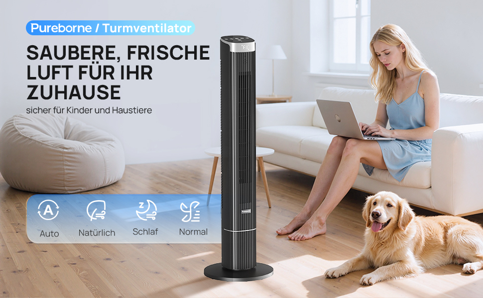 Вентилятор Pureborne Leiser: Турбо-вентилятор з осциляцією 90°, Wi-Fi, пульт, 4 режими, таймер 12 год, чорний, 102 см