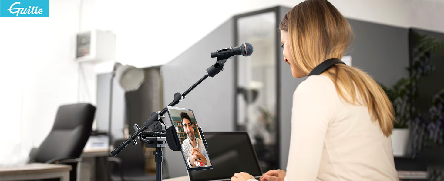 Підставка для мікрофона GUITTO з двома тримачами для смартфона/планшета, регульований кріплення, важка основа, для стрімінгу, подкастів, запису та живих виступів (GMS-04)