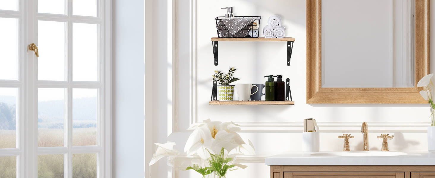 Настінна полиця з дерева, 2 шт. у комплекті, рустикальний стиль, з тримачем для рушників, світло-коричневий колір, для спальні, вітальні, ванної кімнати, кухні, офісу