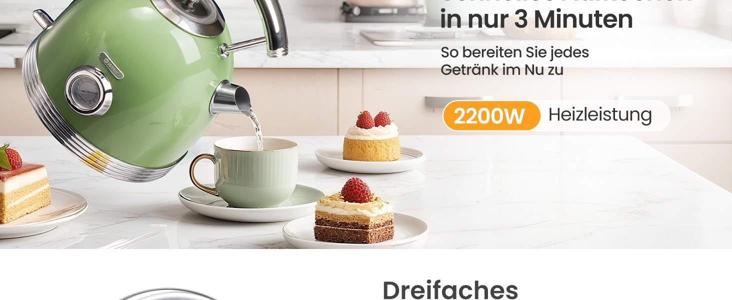 Ретро чайник з нержавіючої сталі, електрочайник та тостер-сет, 2200 Вт, 1,8 л, для чаю, кави, дитячого харчування, без BPA. Зелений вінтажний дизайн