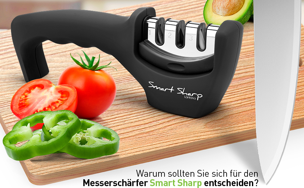 Точилка для ножів Lantana Smart Sharp - професійний набір для заточування кухонних ножів. 3 ступені (кераміка, вольфрам карбід, діамант), ергономічний дизайн, чорний та хром.