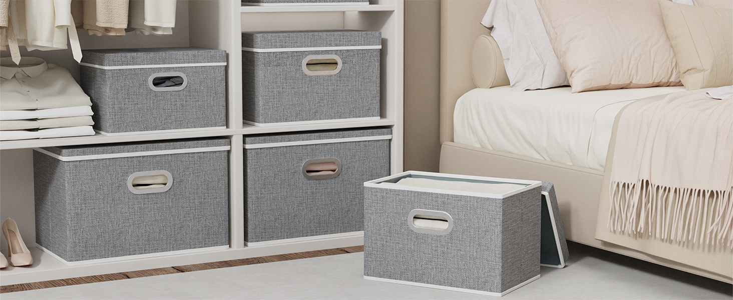 Yawinhe 3-Piece Storage Boxes with Lids, Foldable Fabric Storage Box with Handles, Storage Boxes, for Bedroom, Clothes Storage, 32x23x20cm, Grey, SNK023G-3