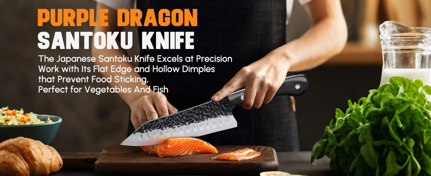 Ніж Santoku Purple Dragon Professional 10 см - сталевий ніж для м'яса та овочів з ергономічною ручкою