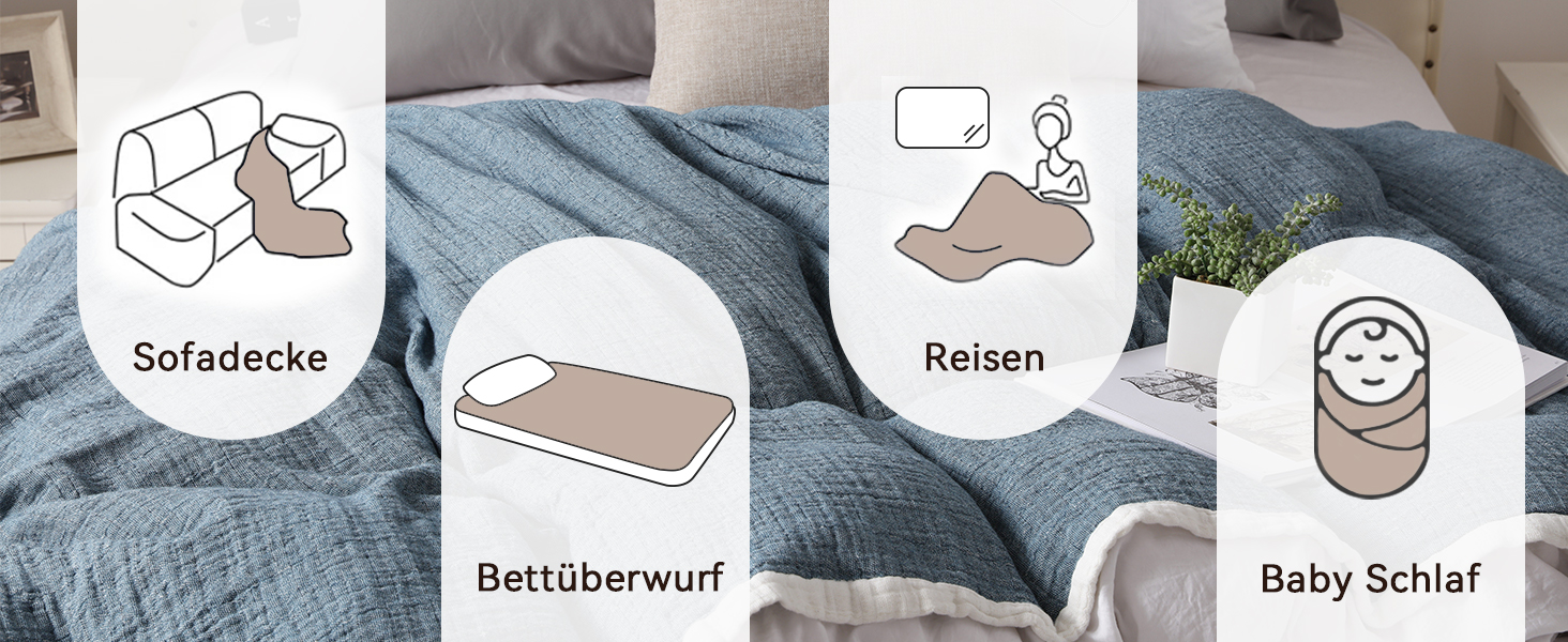 Плед SE SOFTEXLY з бавовни 100%, 4-шаровий м'який плед муслін, покривало на ліжко, накидка на диван, плед для дому, 130x150 см, білий (Pfauenblau, 200 x 230 см)