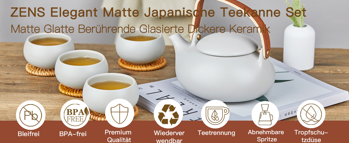 ZENS Modern Japanese Teapot, 800ml Matte White Ceramic Teapot with Infuser, Wooden Handle Small Japanese Teapot for Loose Leaf Tea, White Tea, Green Tea Steeper, Gift for Tea Lovers (10-grey Tea Service-4 Cups)