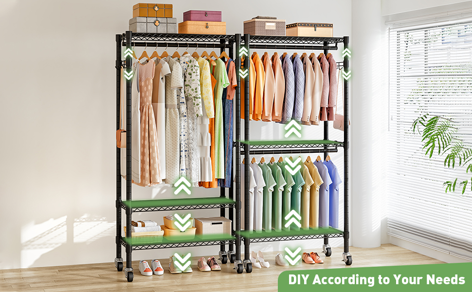 Вішалка для одягу на коліщатках металева з 3 штангами та полицею, чорна (41x81x210 см)