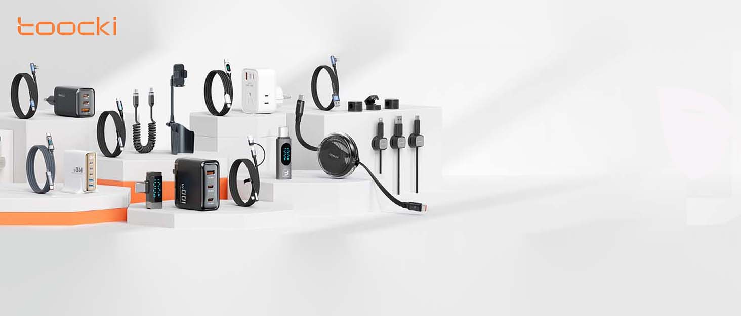 Зарядний пристрій USB-C toocki GaN 67W з LED дисплеєм та вбудованим кабелем для MacBook, iPhone 17 Pro Max, Samsung Galaxy S24 Ultra/S23, Nintendo Switch, ноутбуків та смартфонів - Чорний