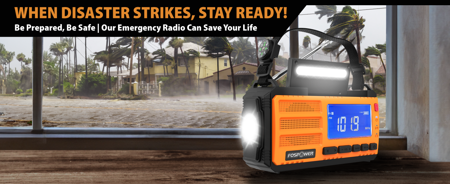 Радіо FosPower для надзвичайних ситуацій NOAA/AM/FM з акумулятором 10000mAh - зарядка USB/Solar/ручка, батарейне живлення, SOS-сигнал та ліхтарик для надзвичайних ситуацій в приміщенні та на вулиці, оранжевий