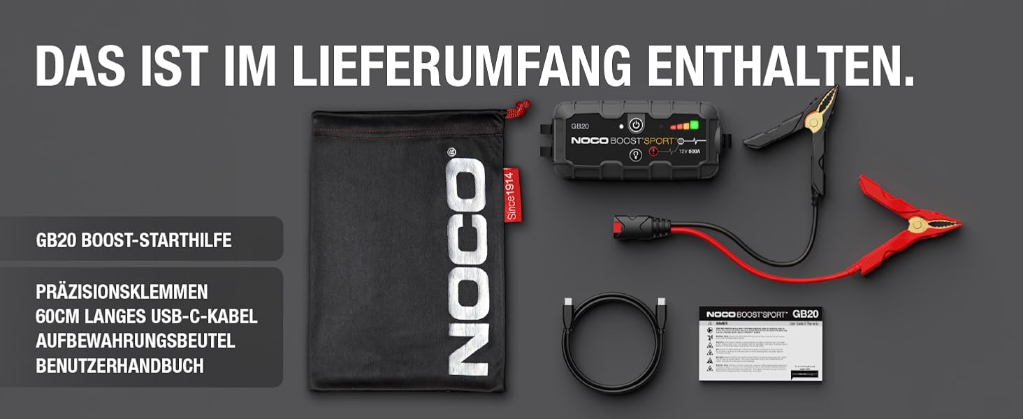 Портативний пусковий пристрій NOCO Boost GB20: Powerbank 500A для автомобілів до 4.0L – 12V літієвий стартер з кабелями