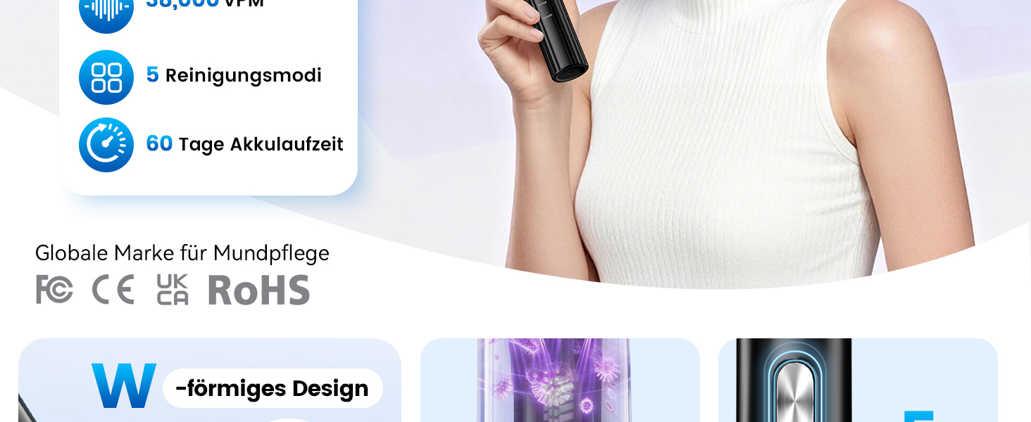 Електрична звукова зубна щітка JTF з УФ-дезінфекцією та сушінням, бездротова зарядка, 5 режимів чищення, 6 насадок, стаканчик для полоскання, акумуляторна для дому та подорожей (Чорна)