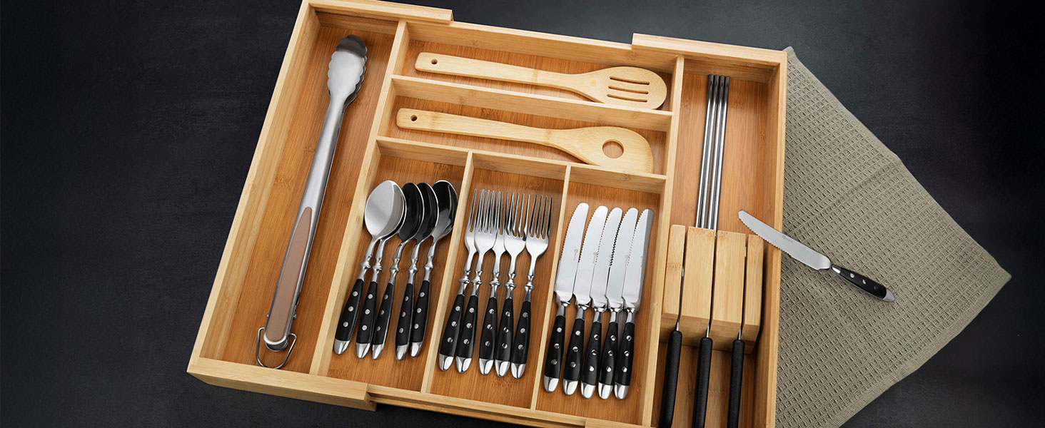 Органайзер для столових приборів Gräwe з бамбука для кухонних шухляд, змінний, розсувний 28.5-40.5 см, дерев'яний вигляд