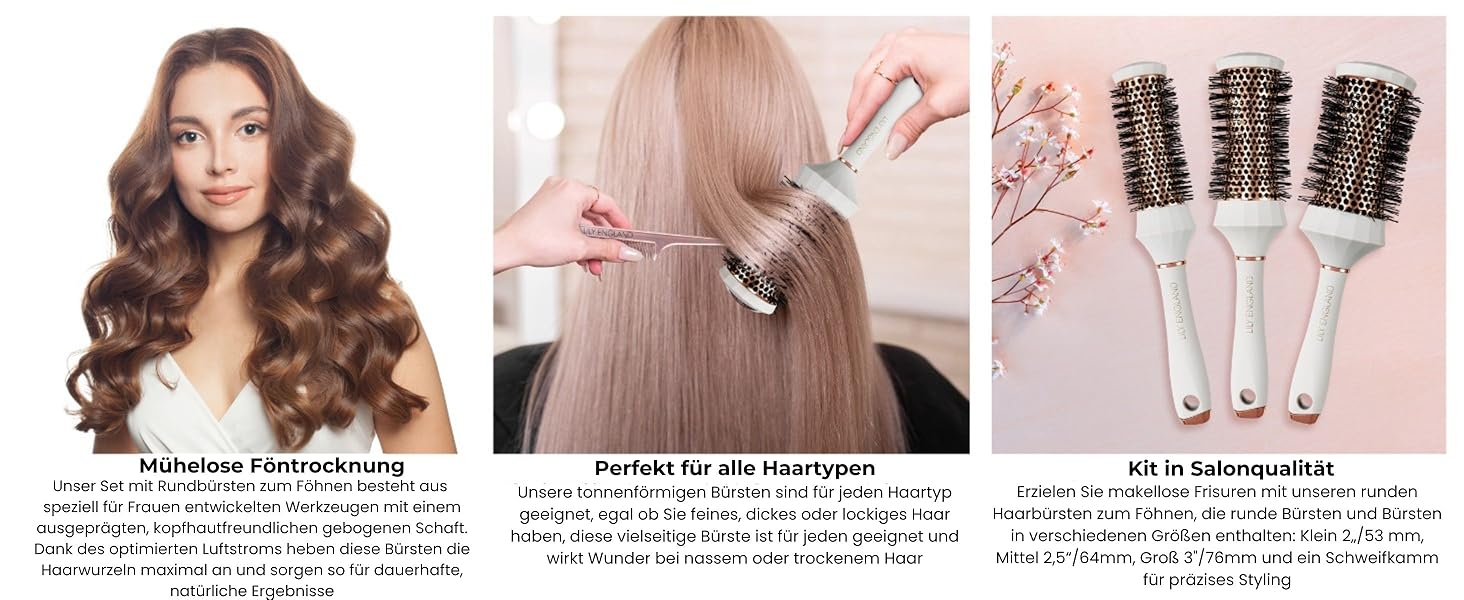 Набір гребінців Lily England Runde: 4 шт. Професійний набір для укладки волосся, 3 круглі гребінці та гребінь, подарунковий набір для жінок