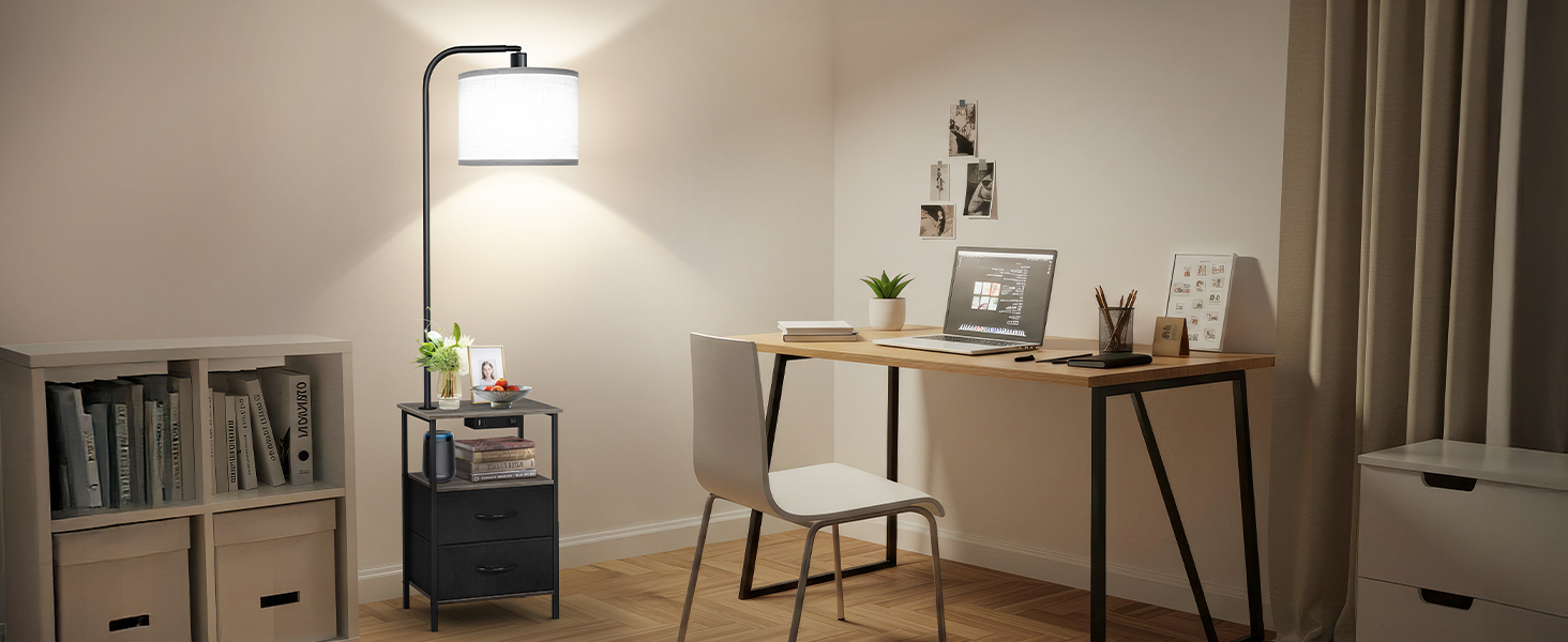 Стельова лампа для вітальні з тумбою та полицею, регульована LED, з пультом, 3 колірні температури, приліжкова тумба з зарядкою та полицею, дерев'яний столик для спальні/офісу (чорний з шухлядами)