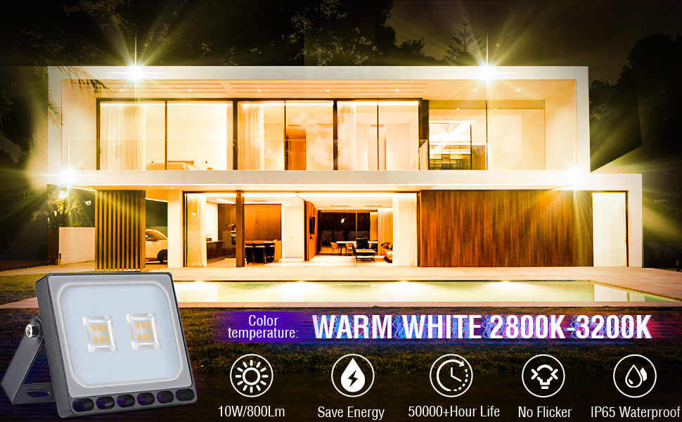 papasbox LED Floodlight Floodlights Spotlights, LED Floodlight Construction Light with Plug Waterproof IP65, 3000K Warm White, Ideal Wall Light Outdoor Lighting for Garden, Garage, Hotel (Warm White, 10W)