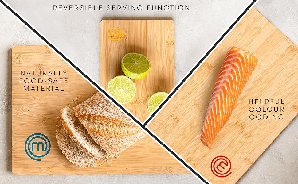 Набори дерев'яних обробних дощок MasterChef: великий (38x27,5 см), середній (34x23,5 см), маленький (23x15 см) з канавкою для соку, 3 шт.