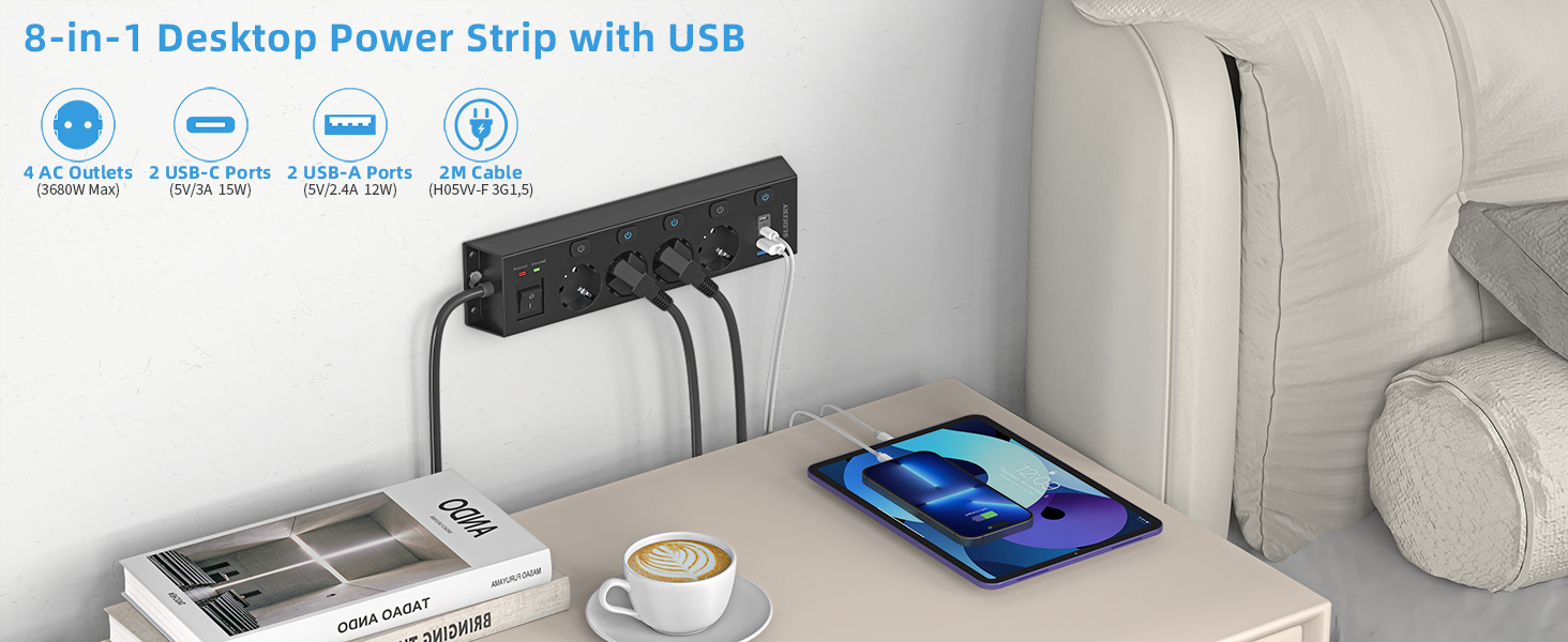 Мережевий фільтр Steckdoseleiste з індивідуальним керуванням, 5 розеток, настінний монтаж, захист від перенапруги 1050 Дж, для дому та офісу, кабель 2 м (4 розетки з USB, чорний)