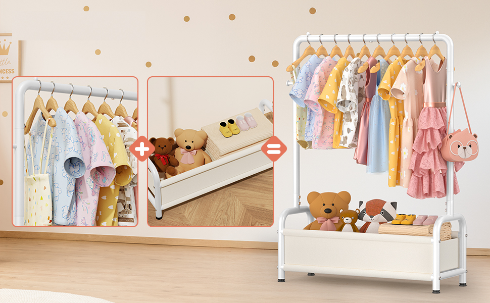 Дитяча вішалка для одягу Kinder Garderobe 80x30x125 см, біла. З гачками та кошиком для зберігання, U-подібна основа.
