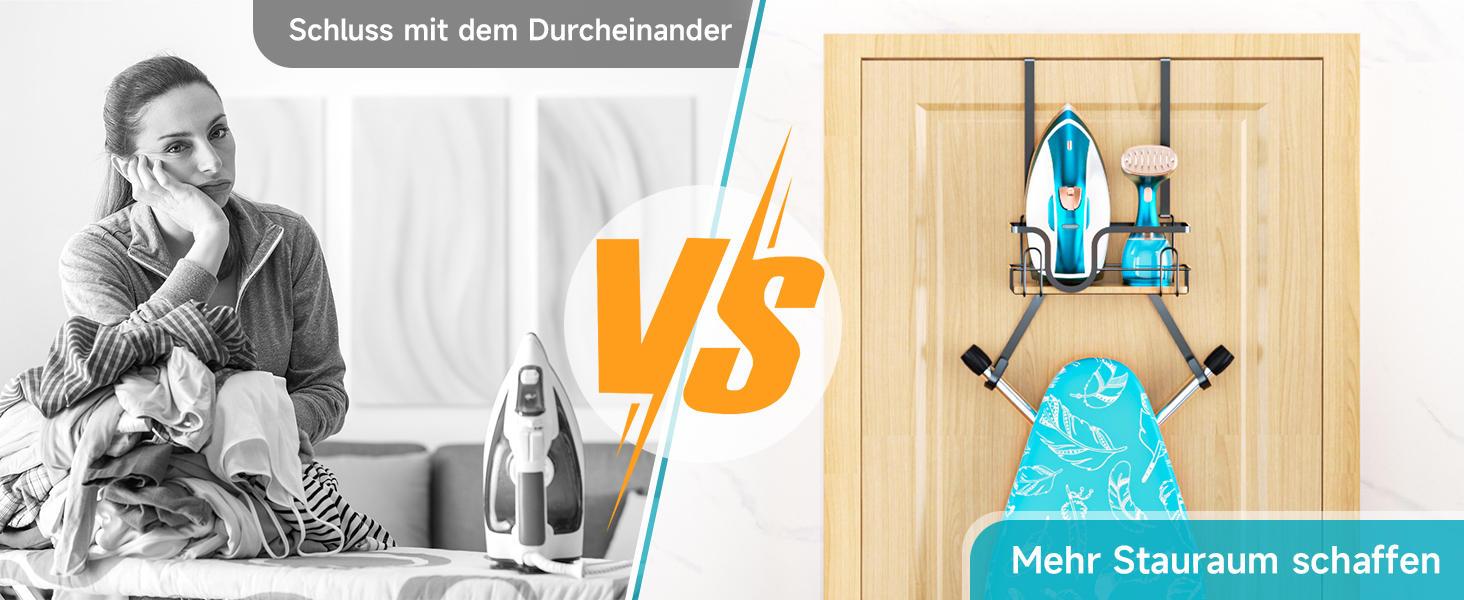 Настінна підставка для прасувальної дошки з кріпленням над дверима, чорна, з великим кошиком та знімними гачками