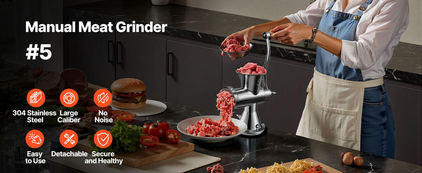 М'ясорубка ручна VEVOR 304 нержавіюча сталь, диски 4.5/8 мм, для фаршу та ковбас, срібляста